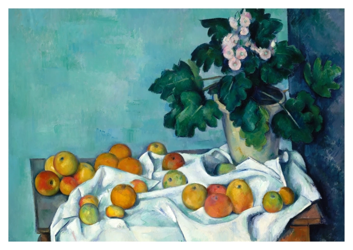 Zátišie s jablkami a prvosienkou, Paul Cézanne, c.1890